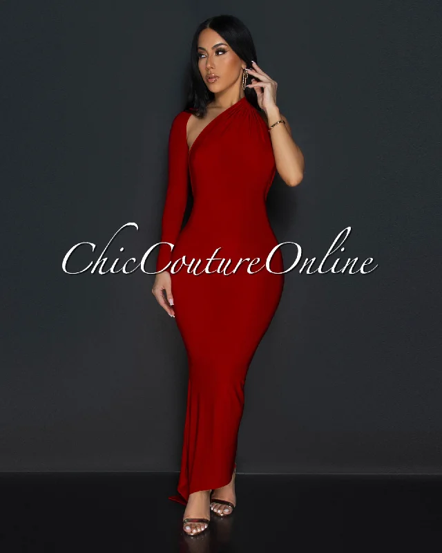 Luna Red One Shoulder Sleeve Open Back Dress