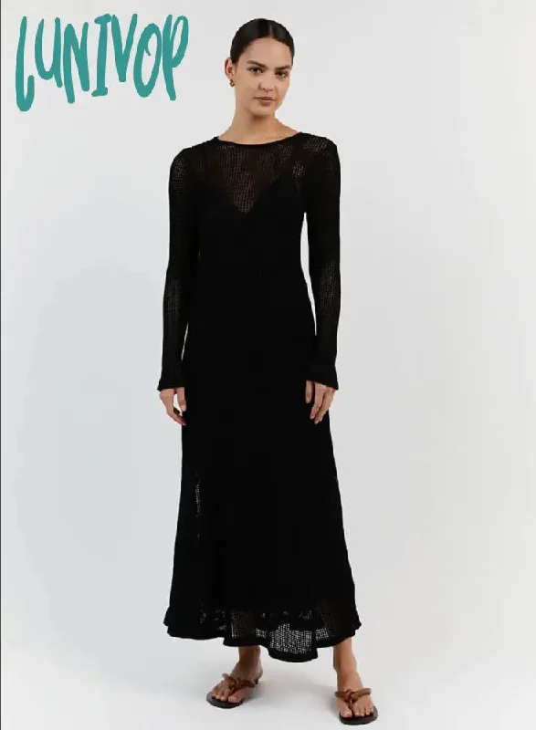 Lunivop Elegant Hollow Out Knit Maxi Dress for Women Summer Beachwear Holiday Long Sleeve Cover-Ups Long Dresses Summer Dress