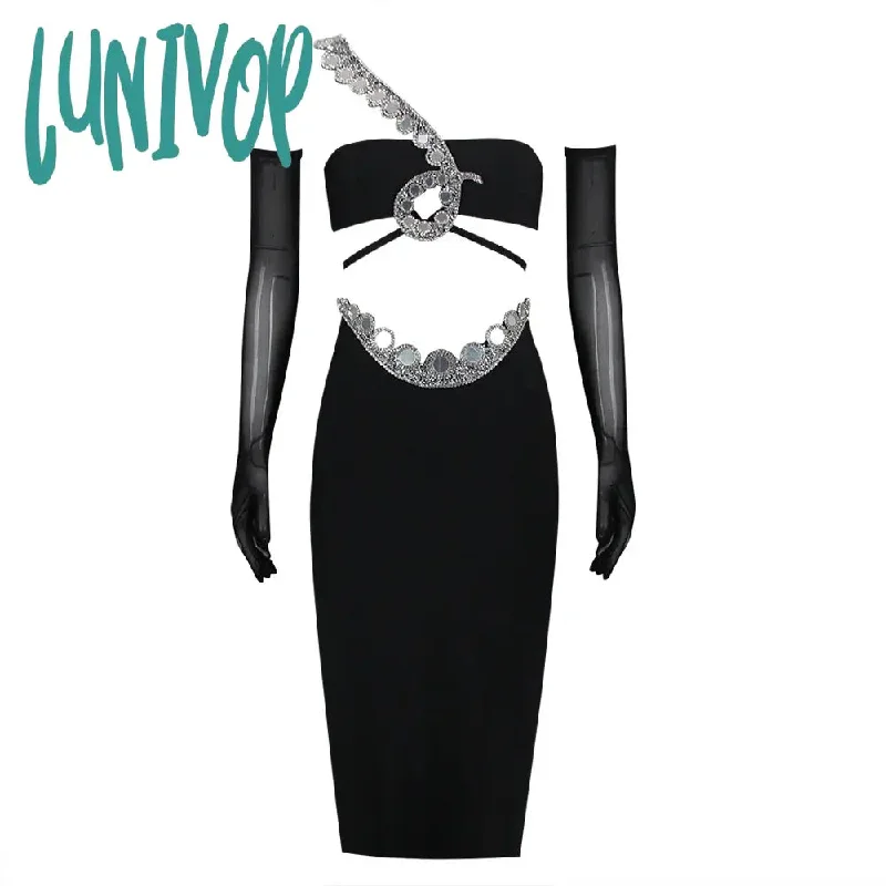 Lunivop Women Summer Sexy Diamond Sequins With Gloves Black Midi Bodycon Bandage Skirt Set Knitted Elegant Evening Club Party Dress