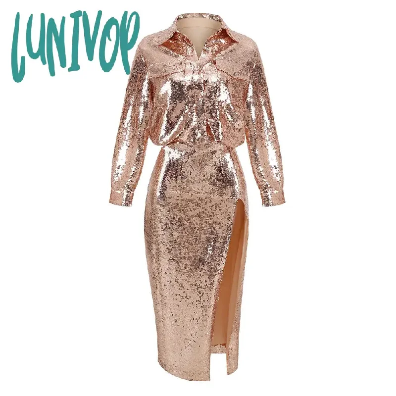 Lunivop Women Winter Sexy Turn-down Collar Long Sleeve Gold Mesh Sequins Midi Skirt Set Knitted Elegant Evening Club Party Dress