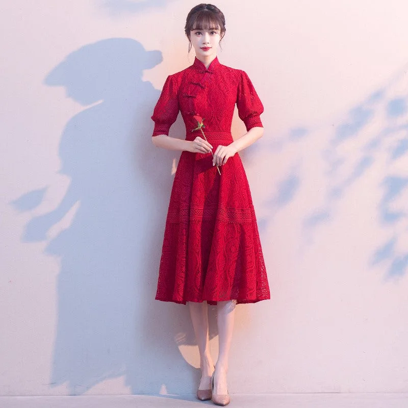 Mandarin Collar Puff Sleeve Floral Lace Knee Length Oriental Evening Dress