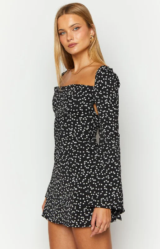 Marienne Black Heart Print Long Sleeve Mini Dress