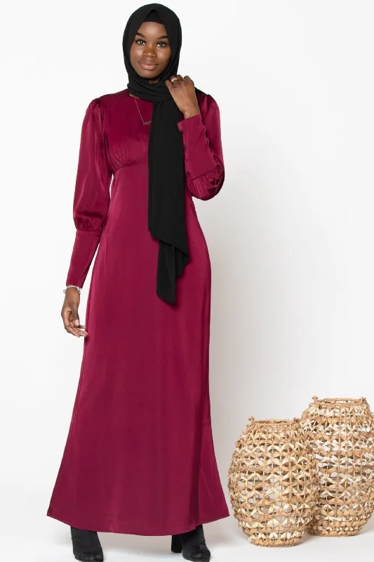 Maroon Satin Long Sleeve Maxi Dress