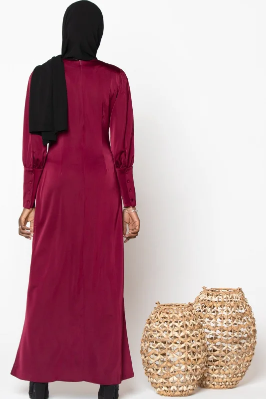 Maroon Satin Long Sleeve Maxi Dress