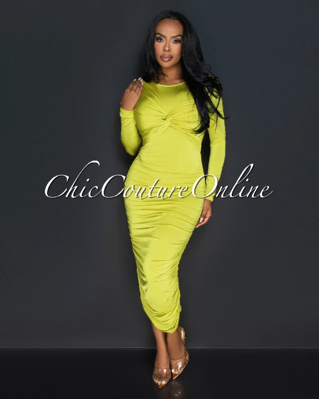 Razelle Lime Knot Accent Ruched Midi Dress