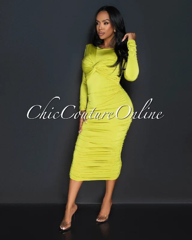 Razelle Lime Knot Accent Ruched Midi Dress