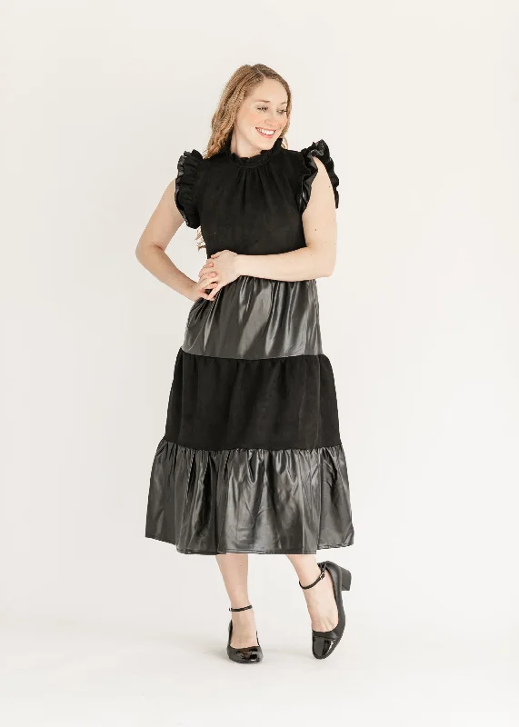 Ruffle Sleeve Vegan Leather Midi Dress - FINAL SALE