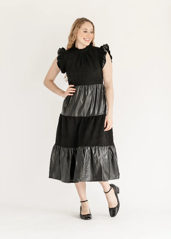 Ruffle Sleeve Vegan Leather Midi Dress - FINAL SALE