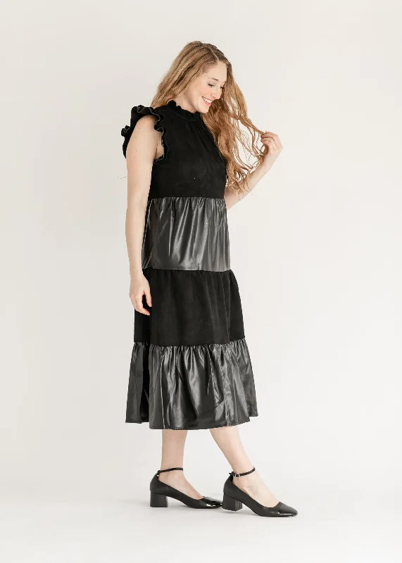 Ruffle Sleeve Vegan Leather Midi Dress - FINAL SALE