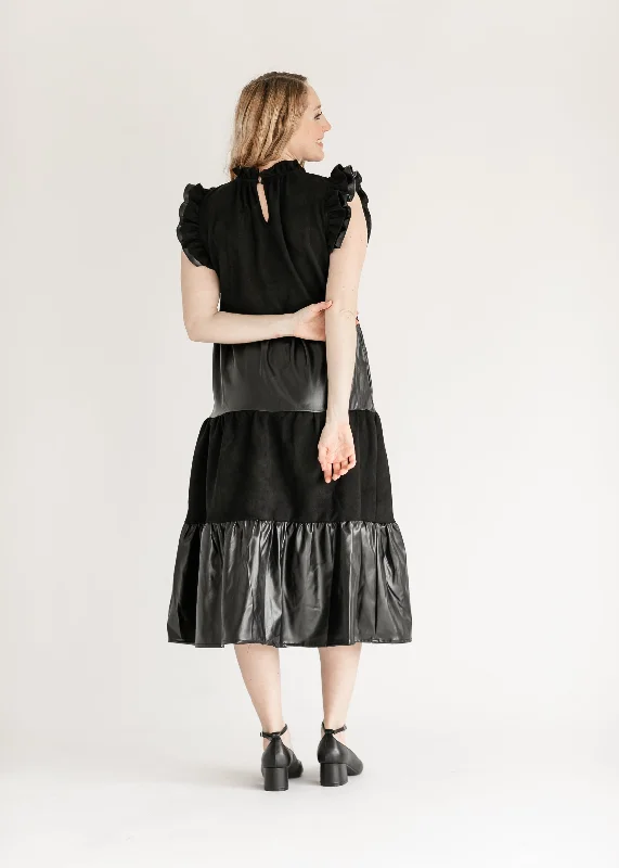 Ruffle Sleeve Vegan Leather Midi Dress - FINAL SALE