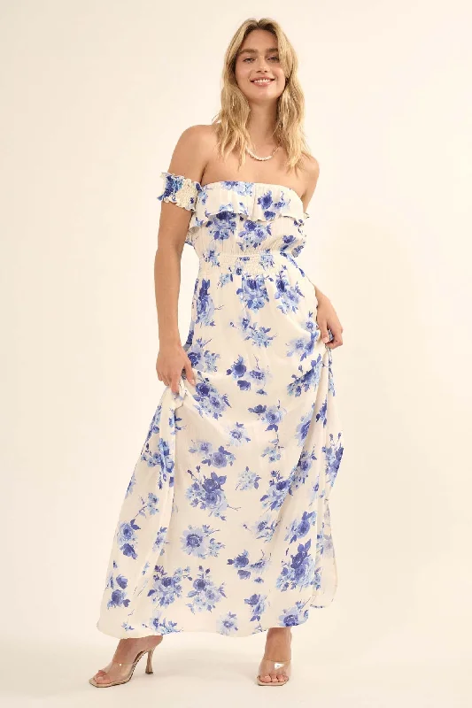 Sapphire Sky Floral-Print Off-Shoulder Maxi Dress