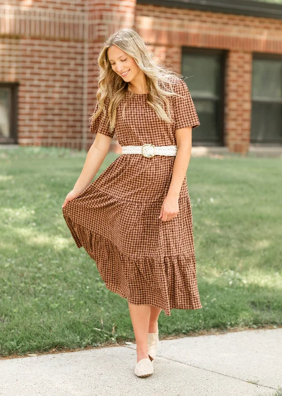 Gingham Brown Tiered Maxi Dress