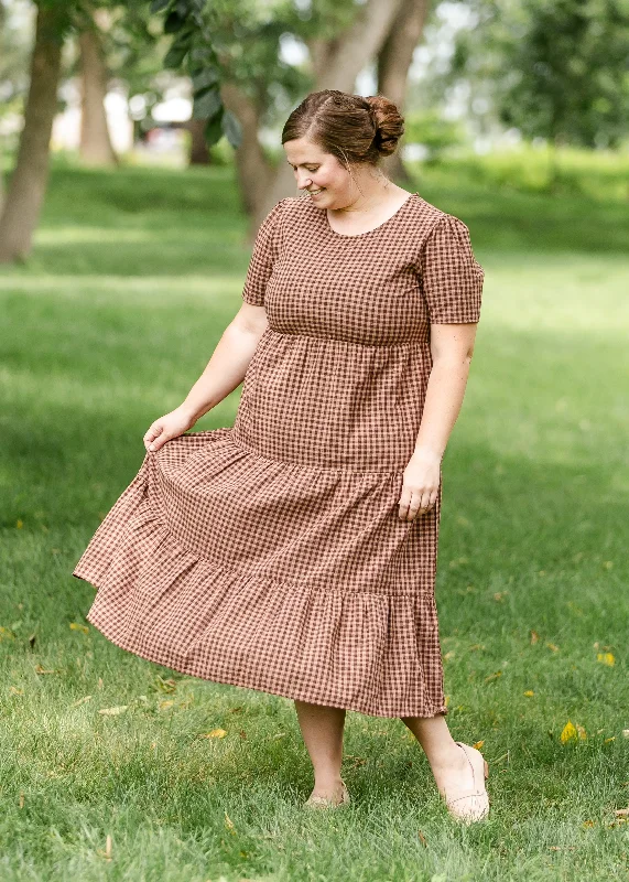 Gingham Brown Tiered Maxi Dress