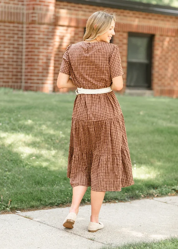 Gingham Brown Tiered Maxi Dress