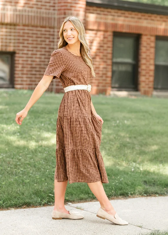 Gingham Brown Tiered Maxi Dress