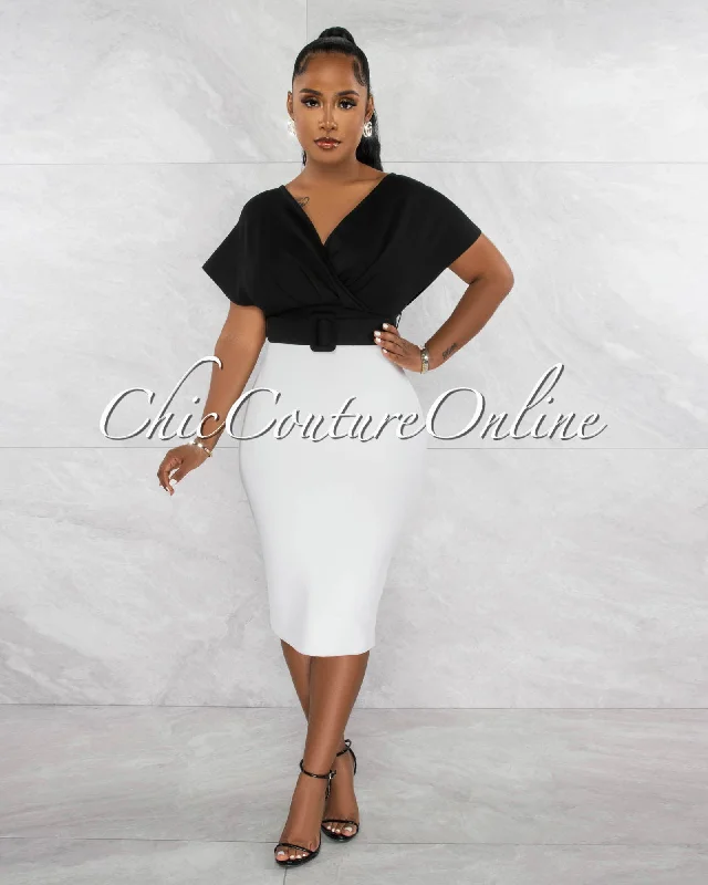 Vilma Black White Two-Tone Bandage Belted Dress