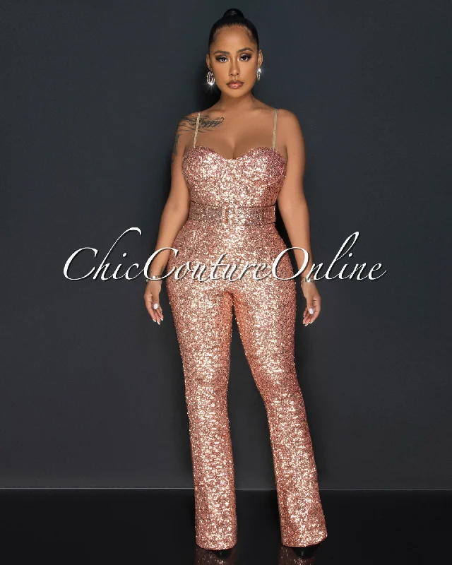 Claster Rose Gold Sequins Belt Jumpsuit