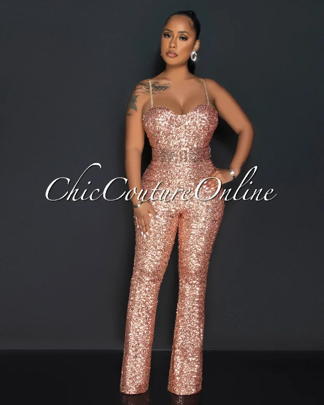 Claster Rose Gold Sequins Belt Jumpsuit