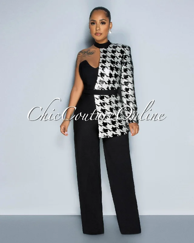 Dale Black White Houndstooth Sequins Single Shoulder Jumpsuit