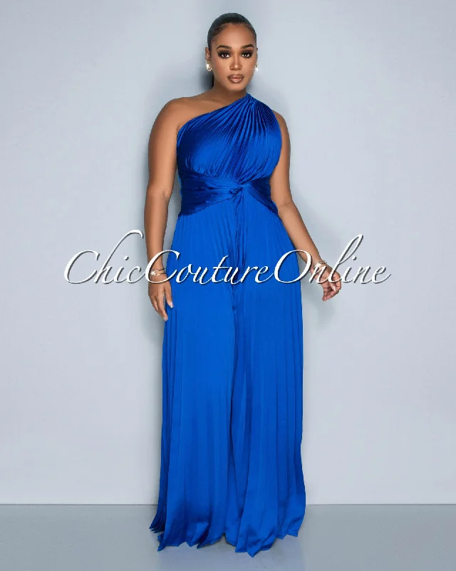 Elizabeth Royal Blue Single Shoulder Pleated Jumpsuit