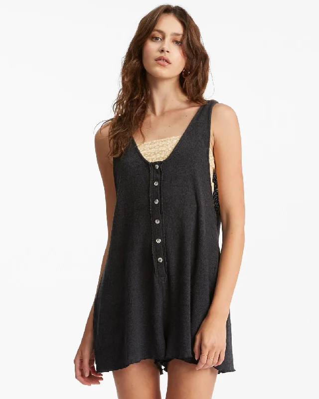 Fade Away Button-Up Knit Romper - Off Black