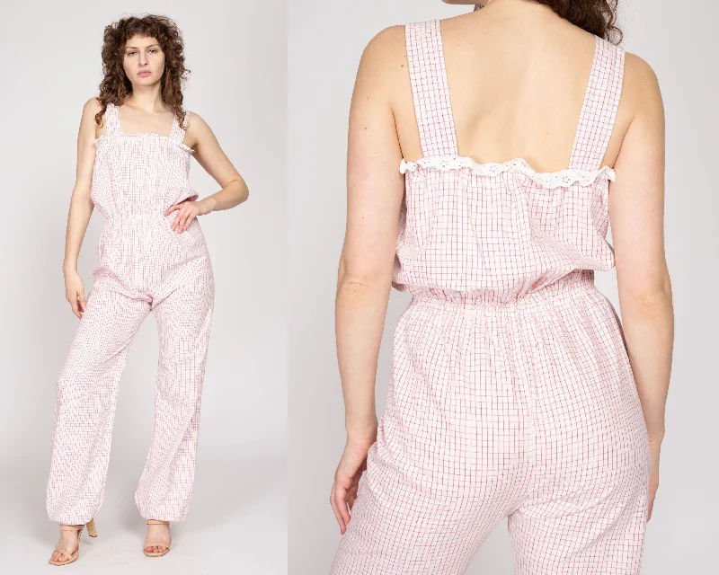 Large 70s White & Red Windowpane Plaid Jumpsuit