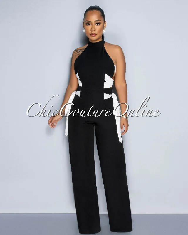 Lomita Black White Straps Open Sides Jumpsuit