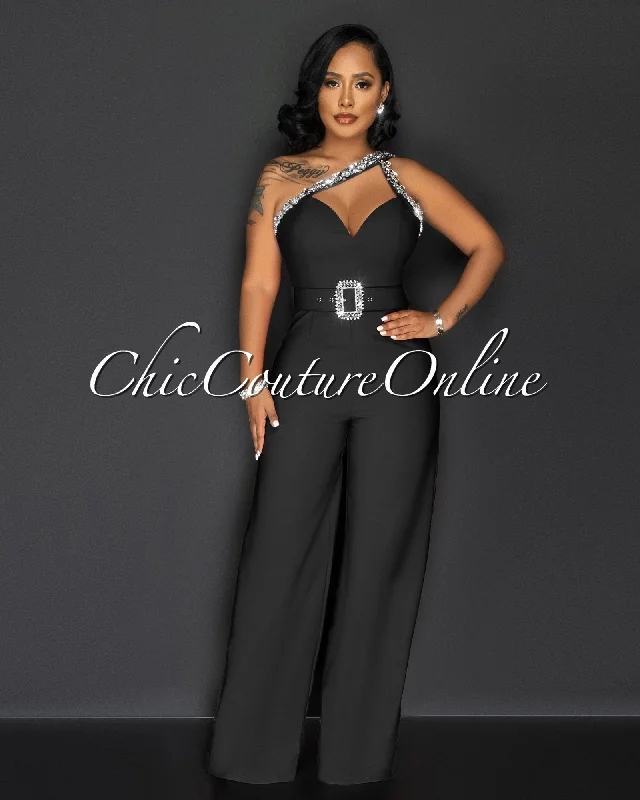 Montse Black Rhinestones Neckline Silver Buckle Belt Jumpsuit