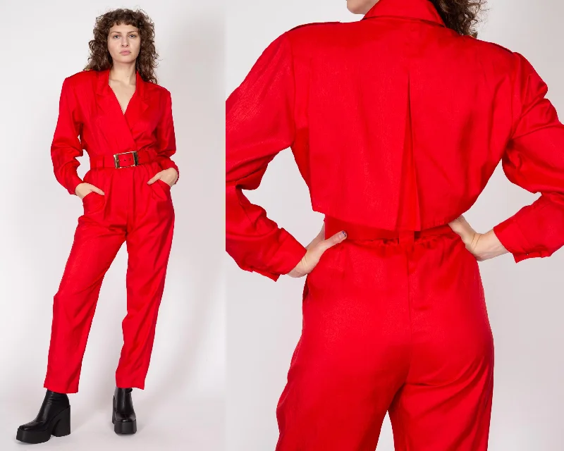 Med-Lrg 80s Bright Red Belted Windbreaker Jumpsuit