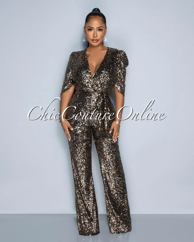 Mellie Gold Black Sequins Bubble Sleeves Jumpsuit