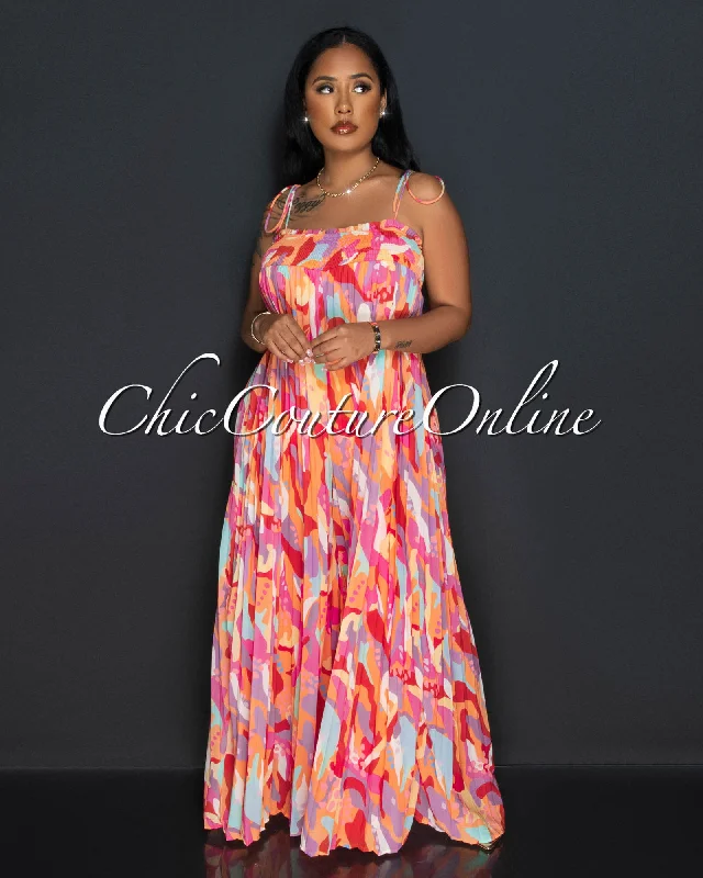 Passie Pink Orange Print Wide Pleated Jumpsuit