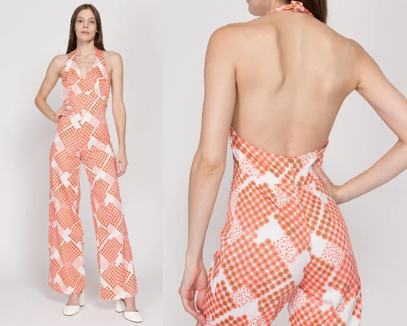 Petite Small 70s Orange & White Polka Dot Halter Jumpsuit