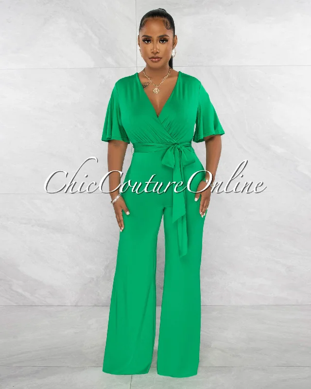 Reilly Green V-Neck Self-Tie Belt Jumpsuit