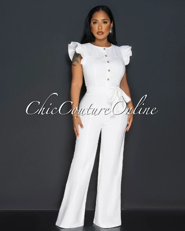 Ritza Off-White Ruffle Sleeves Denim Jumpsuit