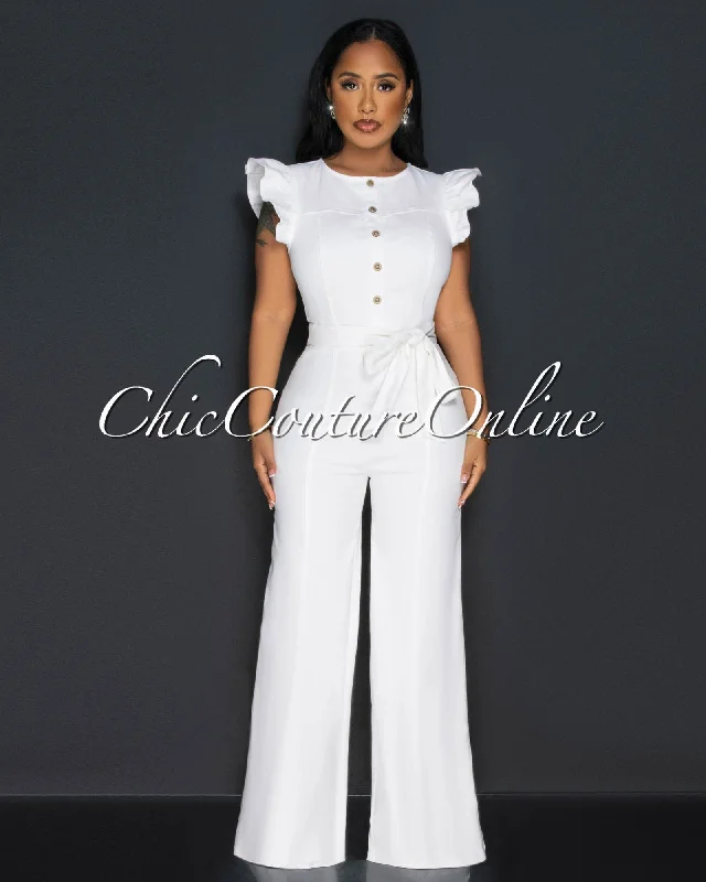 Ritza Off-White Ruffle Sleeves Denim Jumpsuit