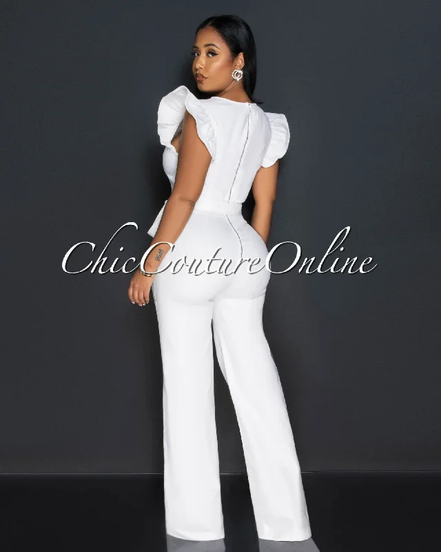 Ritza Off-White Ruffle Sleeves Denim Jumpsuit