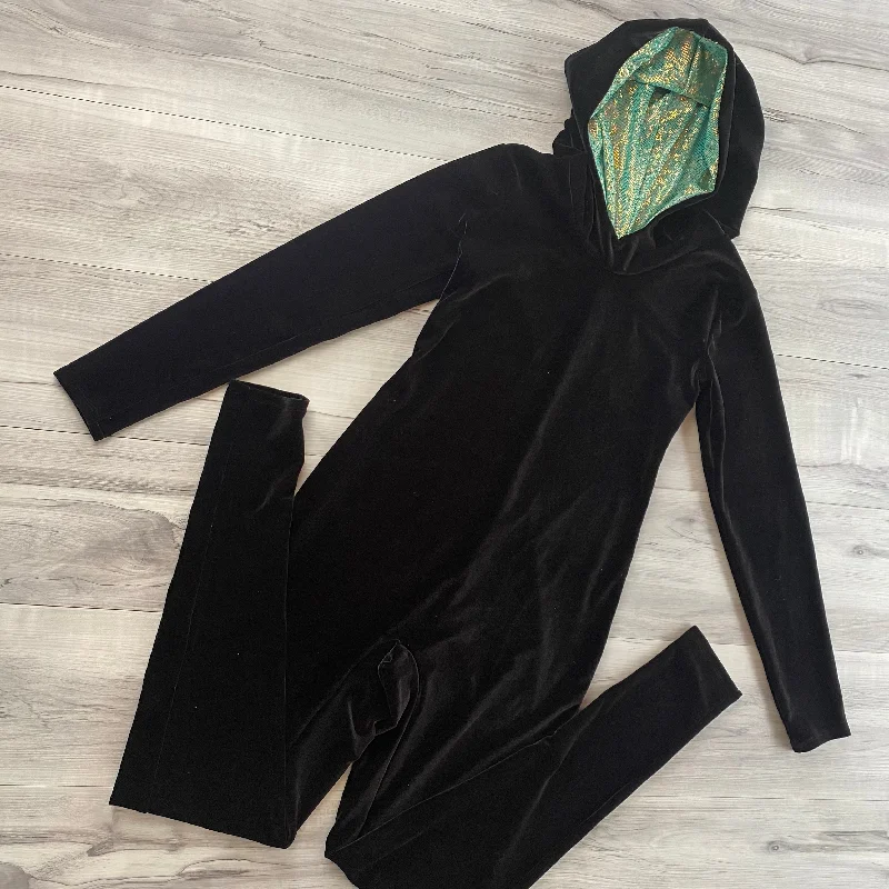 SALE - Hooded Catsuit in Black Velvet and Jade Shattered Glass