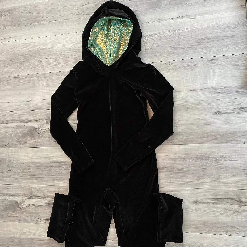 SALE - Hooded Catsuit in Black Velvet and Jade Shattered Glass