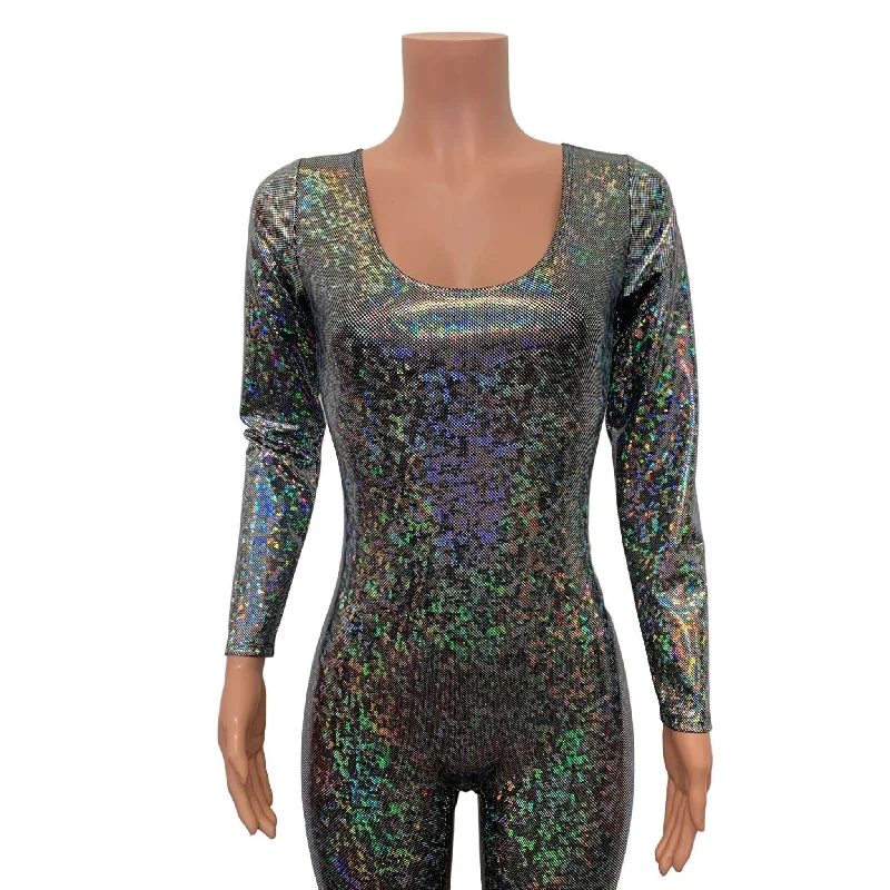 SALE - SMALL Bell Bottom Catsuit in Silver on Black Shattered Glass Holographic