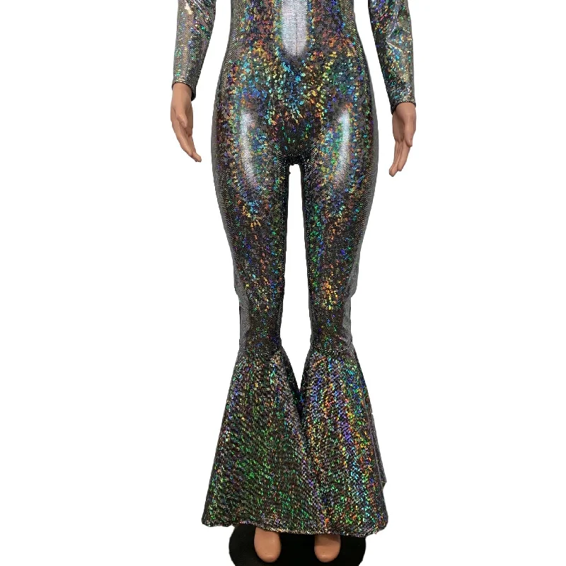 SALE - SMALL Bell Bottom Catsuit in Silver on Black Shattered Glass Holographic