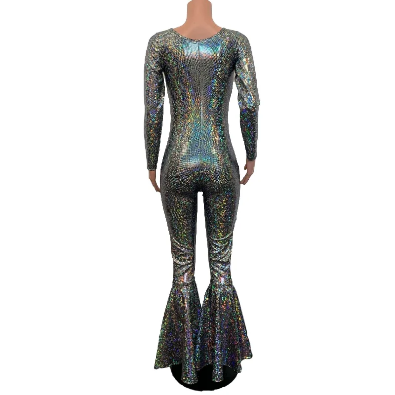 SALE - SMALL Bell Bottom Catsuit in Silver on Black Shattered Glass Holographic