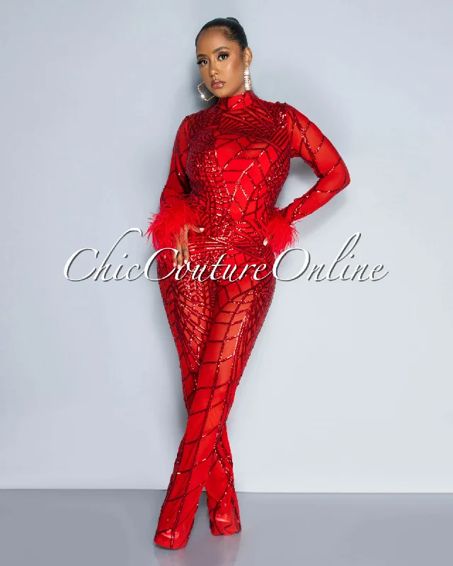 Sierra Red Sequins Feather Cuffs Mesh Jumpsuit