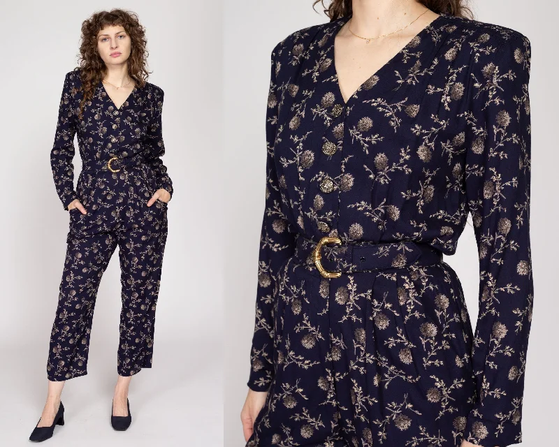 Sm-Med 80s Navy Blue Hydrangea Floral Belted Jumpsuit