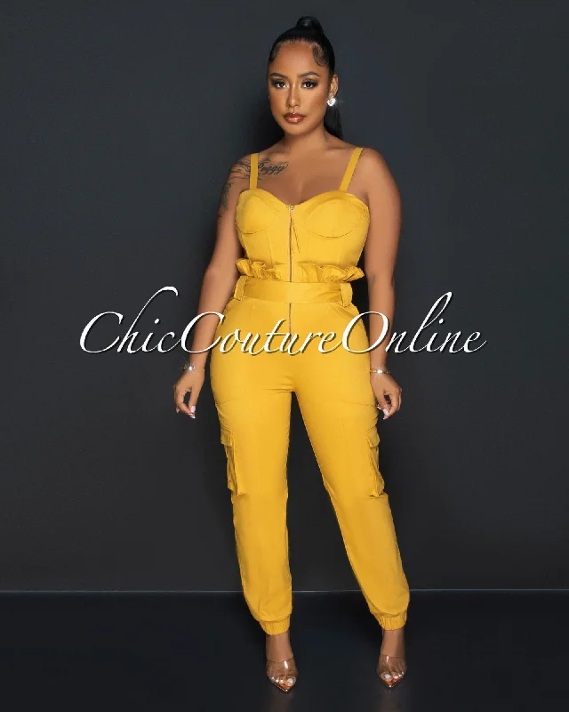 Vadda Mustard PaperBag Waistband Cargo Jumpsuit