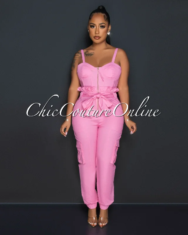 Vadda Pink PaperBag Waistband Cargo Jumpsuit