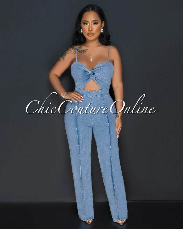 Velicia Light Denim Bust Knot Jumpsuit