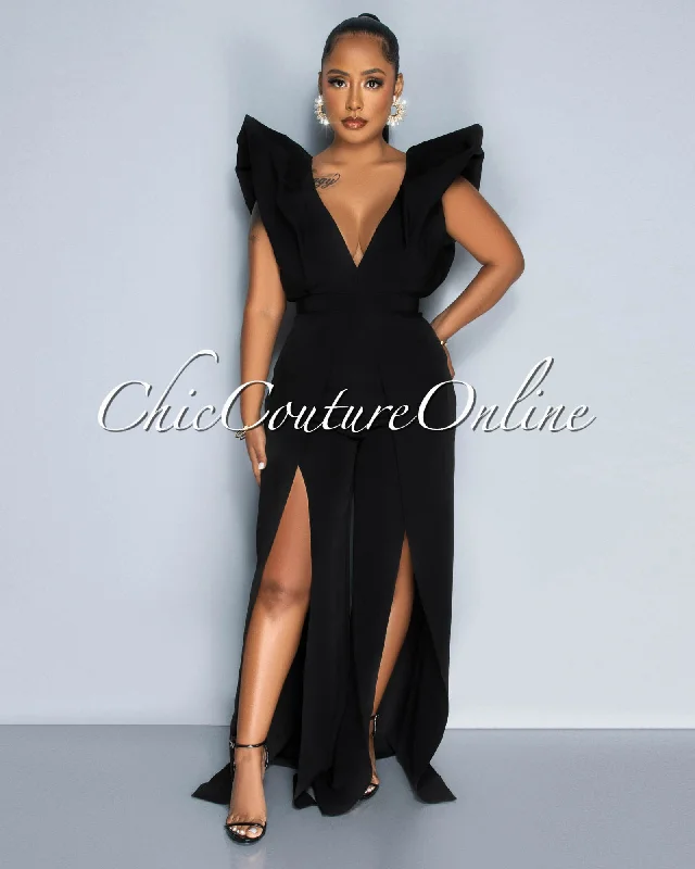 Vivien Black Statement Bubble Sleeves Jumpsuit