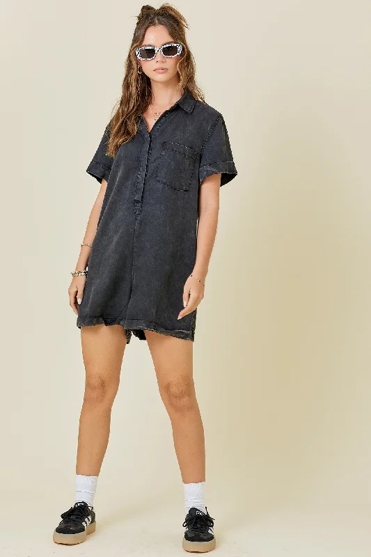 Washed Tencel Denim Shirt Romper in Black