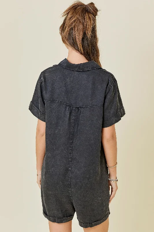 Washed Tencel Denim Shirt Romper in Black