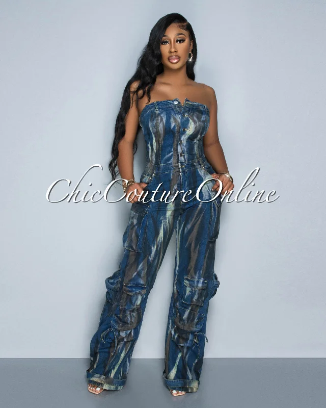 Whitney Dark Denim Strapless Cargo Tie-Dye Jumpsuit